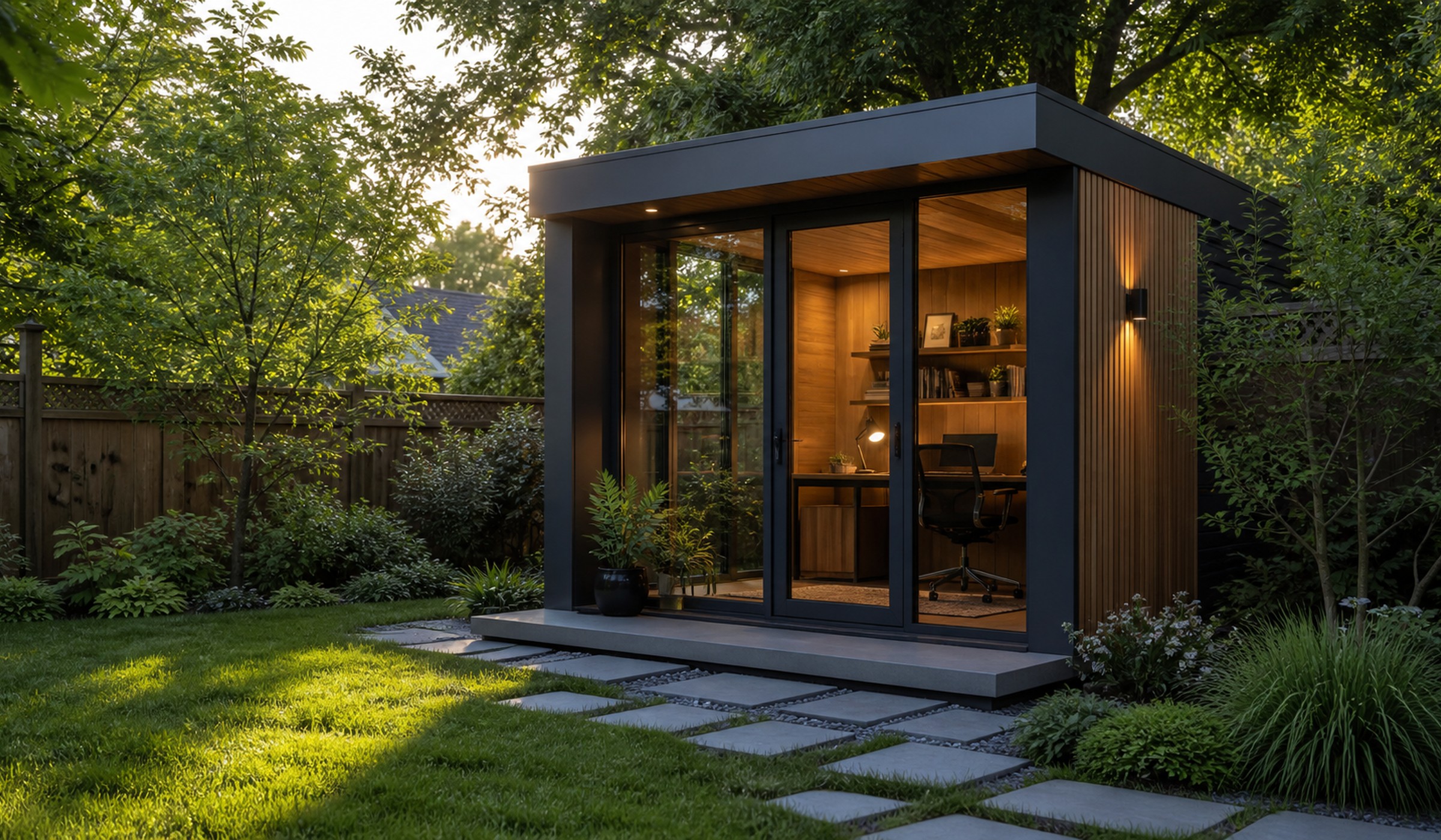 Modern backyard office pod with warm interior light